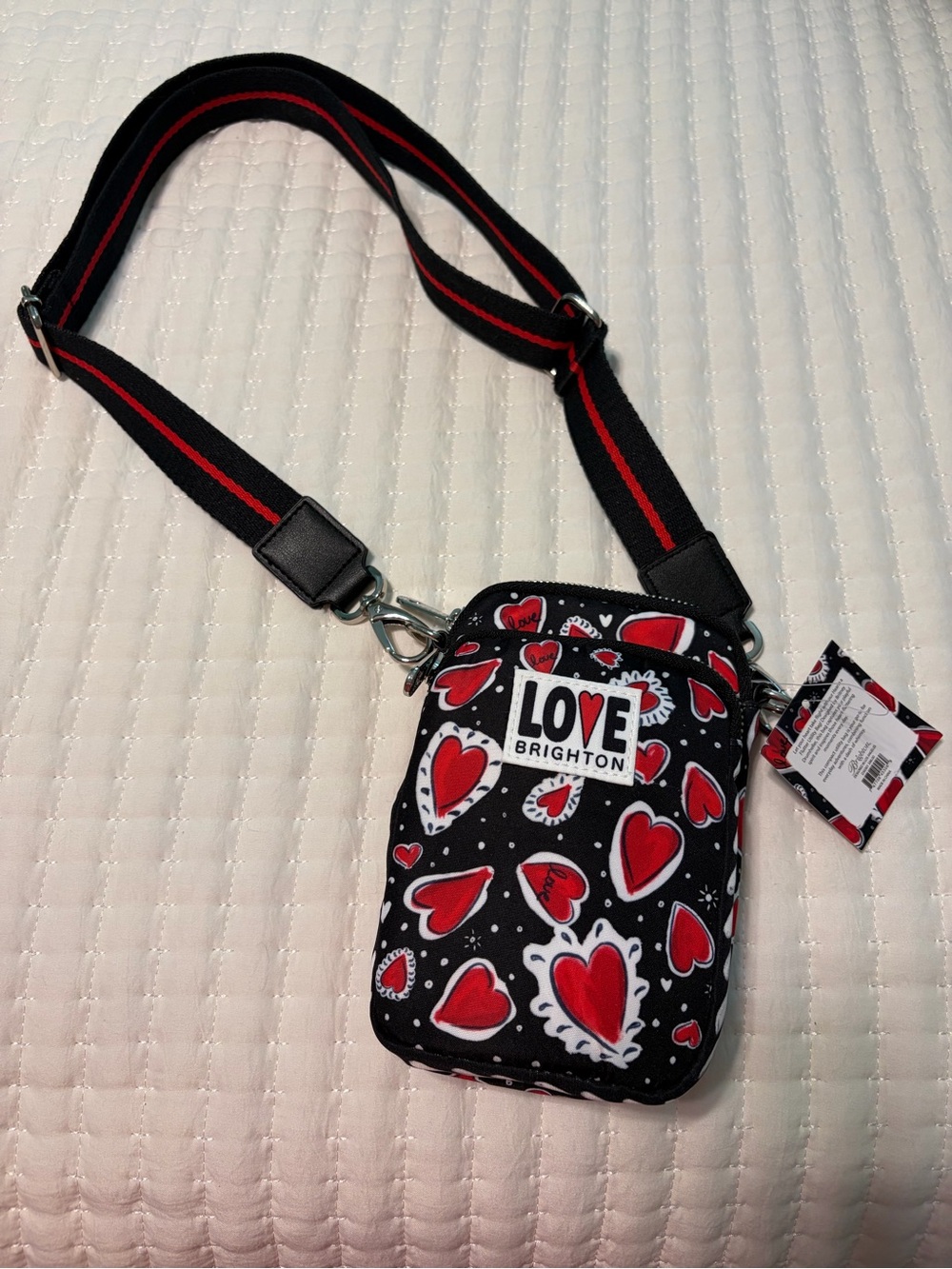 Brighton Black Crossbody Phone Bag with Red Heart Print